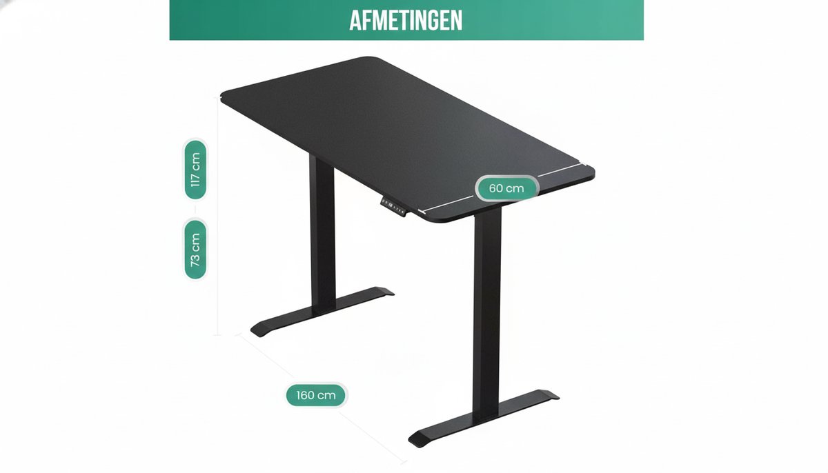 Electric Desk Casa Velluto Elevare Pro – 160x60 cm – In Hoogte Verstelbaar Zit-Sta Bureau – Modern Zwart – Ergonomisch Elektrisch Bureau met Geheugenfunctie