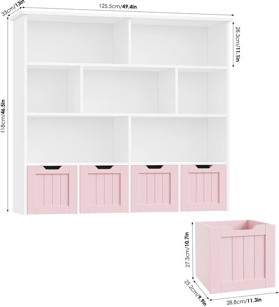 Wit met roze kinderboekenkast met afmetingen: 125,5 x 33 x 118 cm. Een roze mand van 28,8 x 25,2 x 27,3 cm.