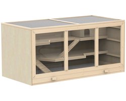 Rolu Hamsterkooi – Konijnenhok – Knaagdieren Kooi – 3 Verdiepingen – Uittrekbare Bodemlades – Eenvoudige Schoonmaak - Vurenhout