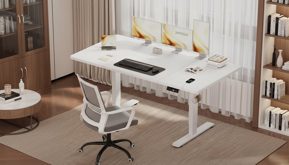 Electric Desk Casa Velluto Elevare Pro – 140x70 cm – Modern Wit Sta-Zit Bureau – Elektrisch Bureau met USB-Aansluiting, Kabelgoot, Hoogteverstelling en Ergonomisch Design