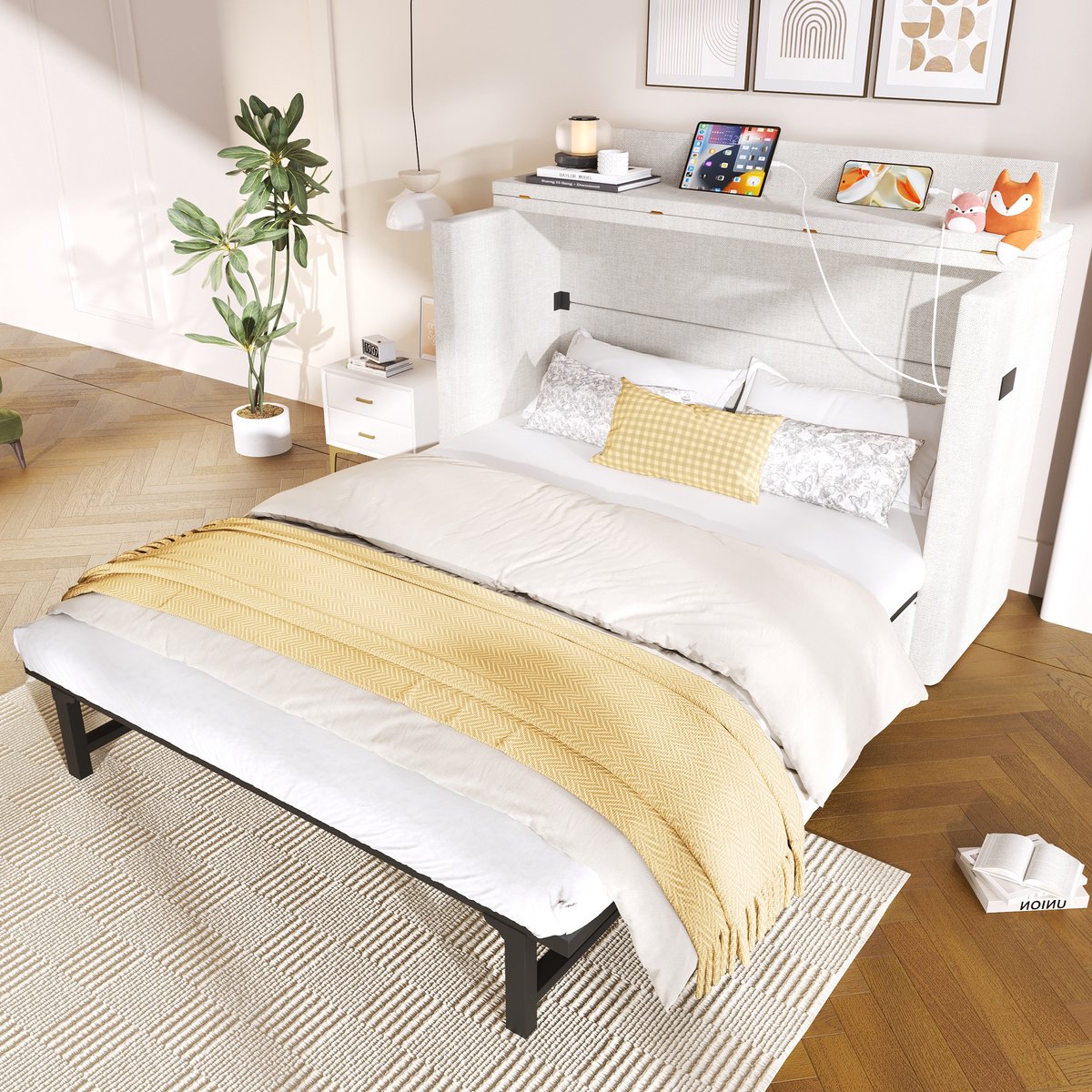 MIVRAY Kastbed 140x200cm - Opklapbed Met Lade En Oplaadpoorten - Met Omvormbaar Opbergvak - Ruimtebesparend Voor Appartementen - Linnen - Beige