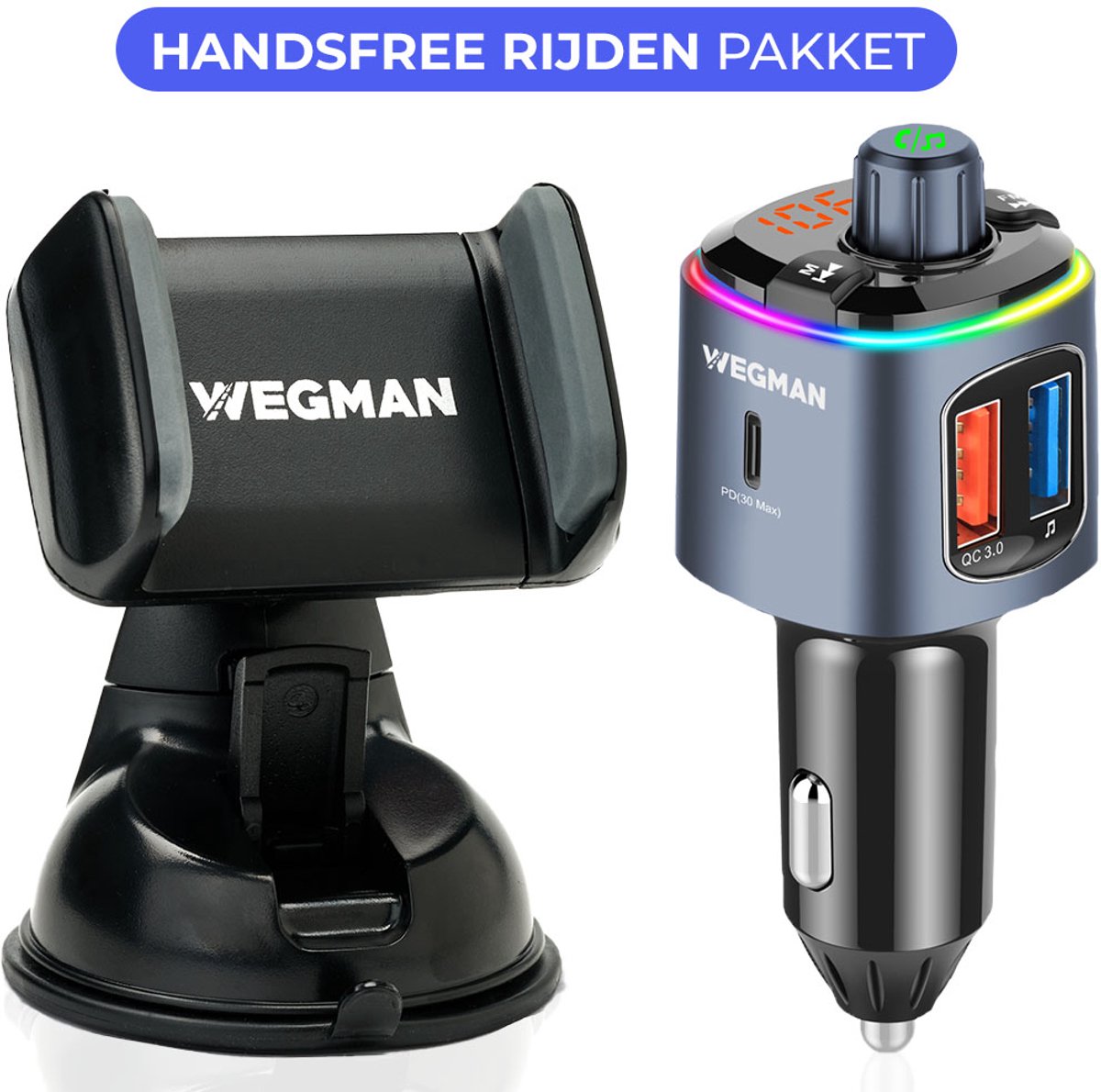 Wegman Bluetooth FM Transmitter + Telefoonhouder Auto met Zuignap voor Dashboard en Raam - Handsfree Bellen Auto Carkit - 30W USB-C Autolader - Auto Accessories - Compleet Pakket
