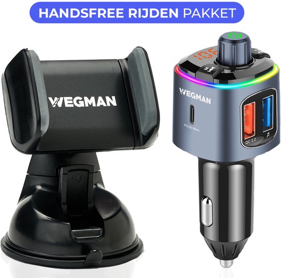 Handsfree rijden pakket met Wegman telefoonhouder met zuignap en Wegman Bluetooth FM transmitter.