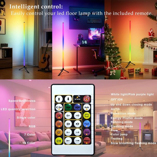 LED hoekvloerlamp - Staande hoeklamp met sfeerverlichting - Inclusief afstandsbediening - Sfeerverlichting met kleurverandering - Kleurveranderende vloerlamp geschikt voor woonkamers en speelkamers van Merkloos — afbeelding 2