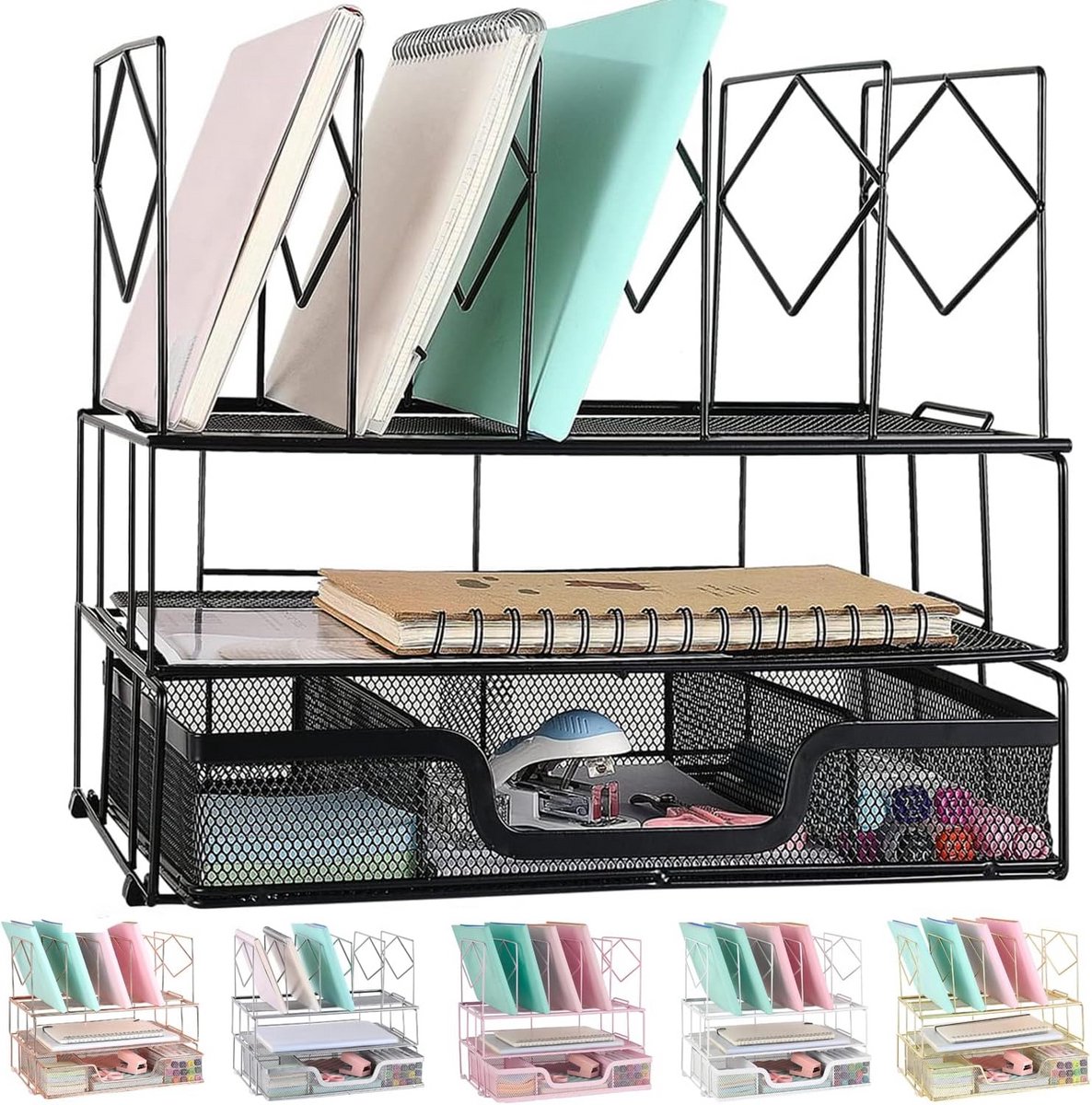 Bureau Organizer met Lade en 5 Verticale Secties – Desk Organizer Voor Kantoormaterialen (Zwart)