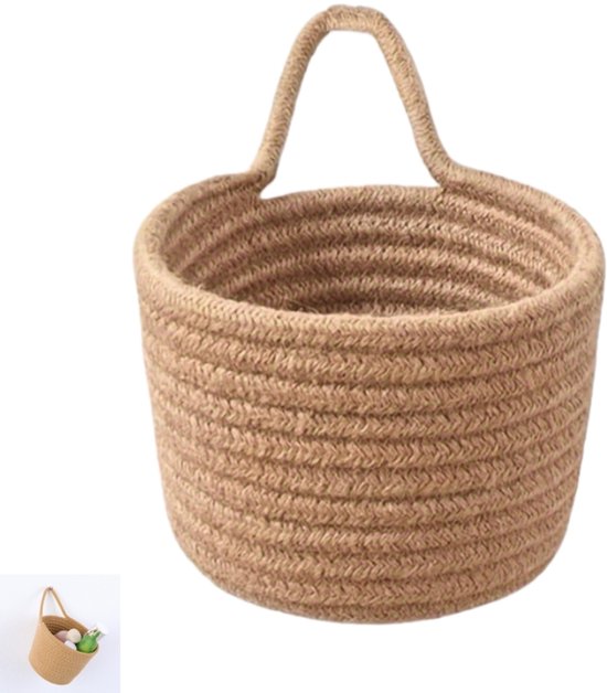 Panier rond en tissu marron avec une poignée, pour suspension. Une petite photo montre le panier rempli de balles.