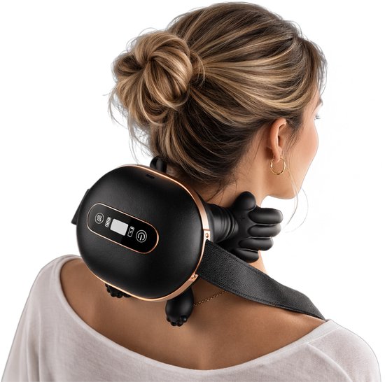 Nekmassage Apparaat met Touchscreen – Verwarmde Massagehand met Warmtefunctie voor Nek, Schouders & Rug – Elektrische Massage Apparaat – Massagekussen – Draadloos, Oplaadbaar & Draagbaar - Zwart