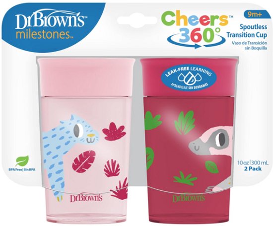 Dr. Brown’s Milestones Cheers 360° Spoutless Drinkbeker 300 ml - Lekvrije Oefenbeker Zonder Tuit voor Baby & Peuter - Reisvriendelijk met Deksel - Pink Leopard & Red Lemur - 2 Stuks van Dr. Brown's — afbeelding 3