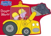 Peppa Pig en George in een gele graafmachine met een helm op, met 'Digger World' logo.
