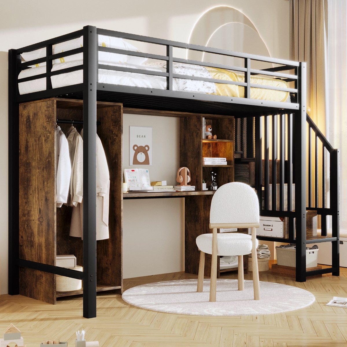 STILVORA Hoogslaper 90x200cm – Met Kast En Bureau – Trap Met Opbergtreden – Opbergvakken V