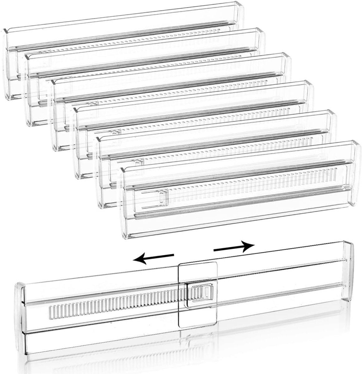 Famanu 6 stuks verstelbare ladeverdelers van kunststof, transparante ladeverdelers voor laden, verstelbaar, voor badkamer, kantoor, commode, make-up opslag (28,5 - 50 cm)