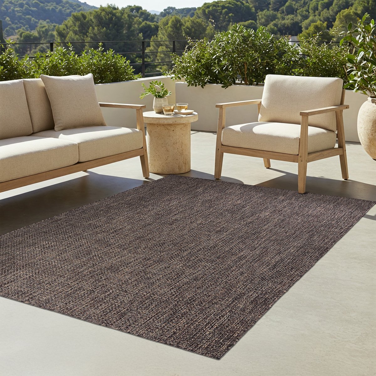 TAPISO Yucana Buitentapijt - Flatweave Vloerkleed Buiten & Binnen - Modern Gemêleerd Design - Donkerbruin Buitenkleed - Weerbestendig & UV-bestendig 180x250
