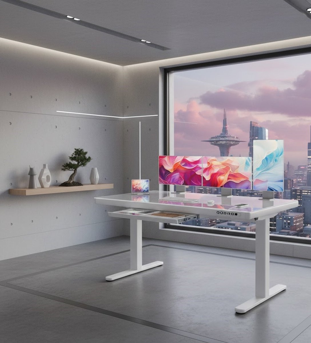 Elite Glas Elektrisch In Hoogte Verstelbaar Bureau 140x70 cm – Zit- en Sta-bureau met Lade – Modern Ergonomisch Bureau voor Thuiskantoor, Witte Gehard Glas Oppervlak A-Furniture