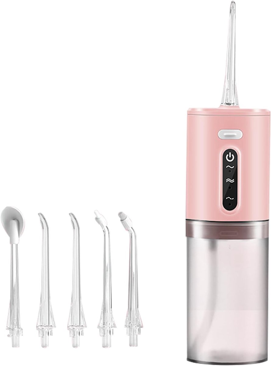 Monddouche - Water flosser - Draadloze elektrische waterflosser - Draagbare waterflosser - Plaqueverwijderaar - 3 standen - 5 opzetstukken - 280 ml watertank - Waterflosser voor mond-, tanden- en tandvleesverzorging - 19*6,5 cm- Roze