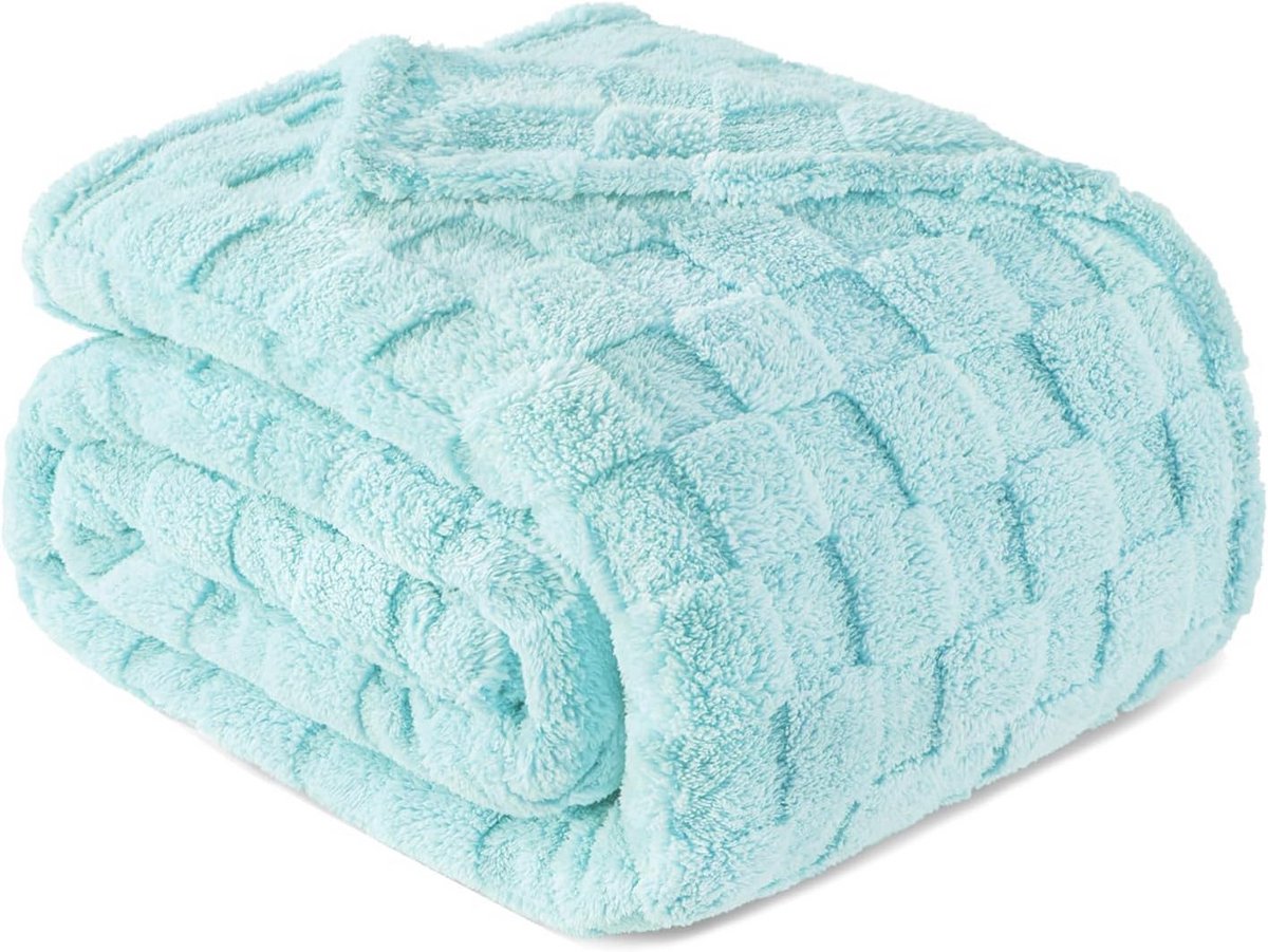 Extra Zachte Flanellen Fleece Deken Lichtblauw Geruit 152x203 cm voor Bank en Bed