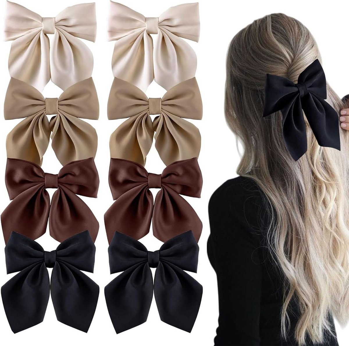 8 Stuks Elegante Haarstrikken met Clip voor Dames en Meisjes - Zwart/Khaki