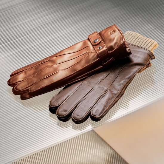 Gants en cuir de mouton bruns havane à taille de poignet ajustable pour écran tactile