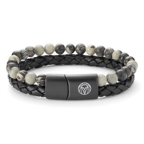 Dubbele armband van grijze jaspis kralen en gevlochten leer met zwarte sluiting met logo.