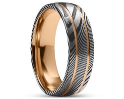 Fortis | 7 mm Dubbelgegroefde Ring van Gunmetalgrijs en Zilverkleurig Damascusstaal en Roségoudkleurig Titanium