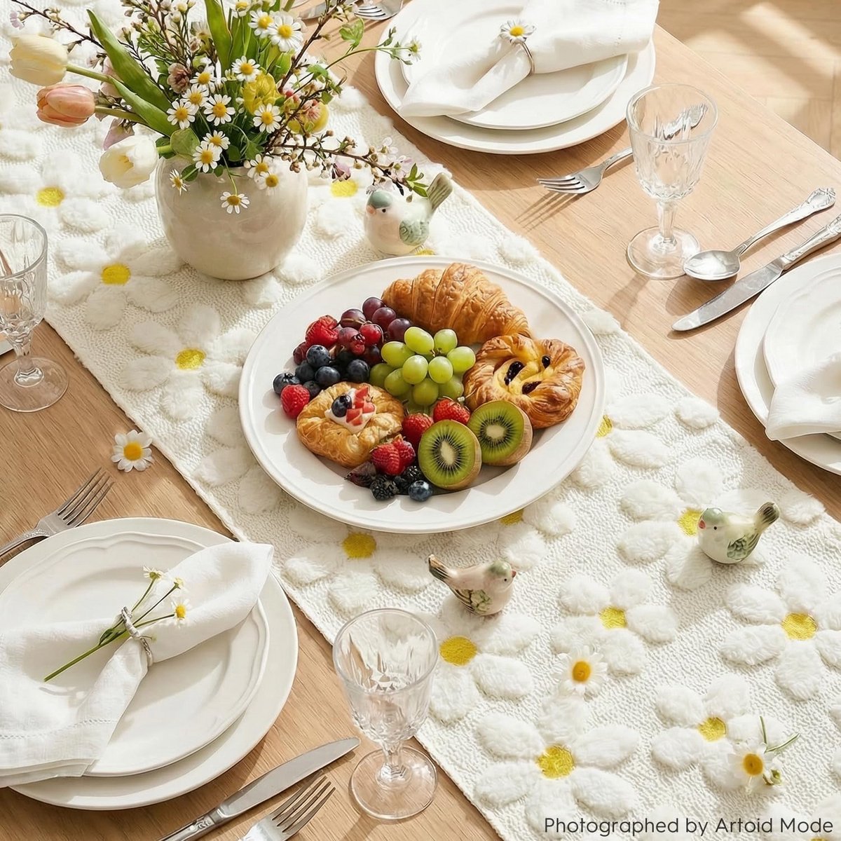 Witte Tafelloper Boordevol Madeliefjes voor Eettafel en Feestdecoratie 33x153 cm