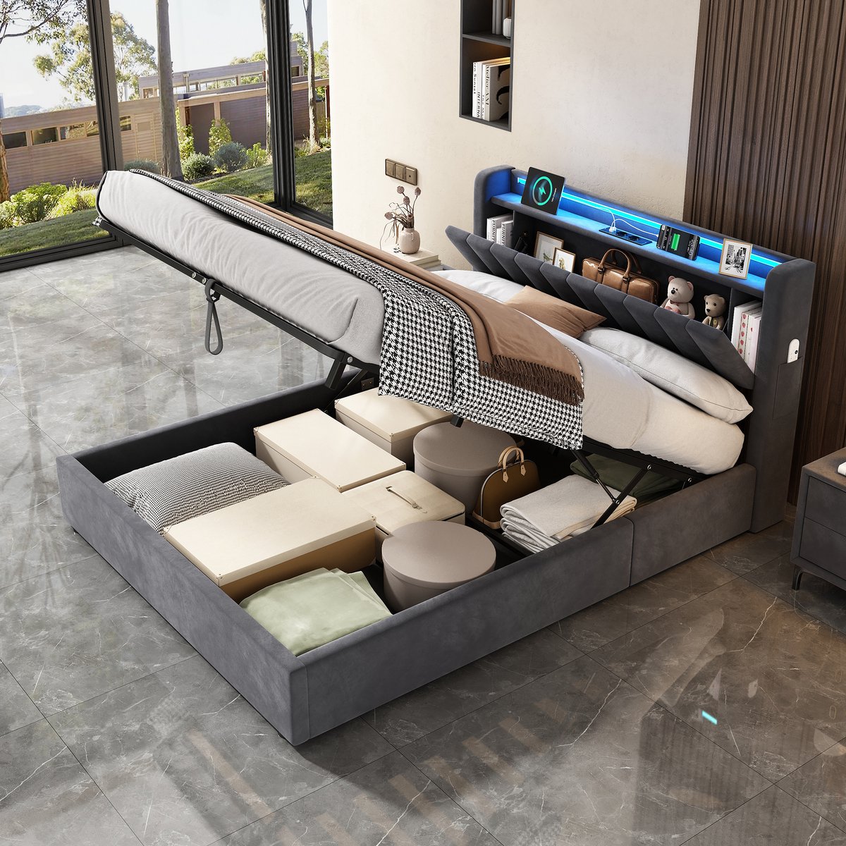 MIVRAY Tweepersoonsbed met LED 140x200 - Gestoffeerd Bed met Opbergruimte - Fluweel - Donkergrijs