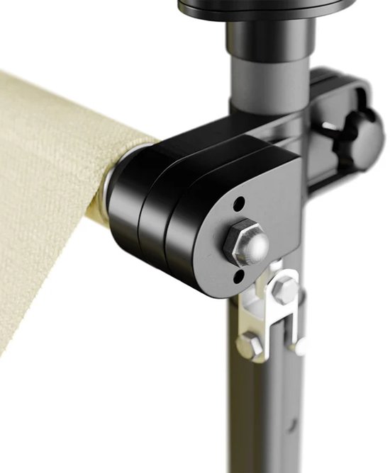 Detail van de zwarte klembevestiging en bouten aan het frame van de beige luifel.