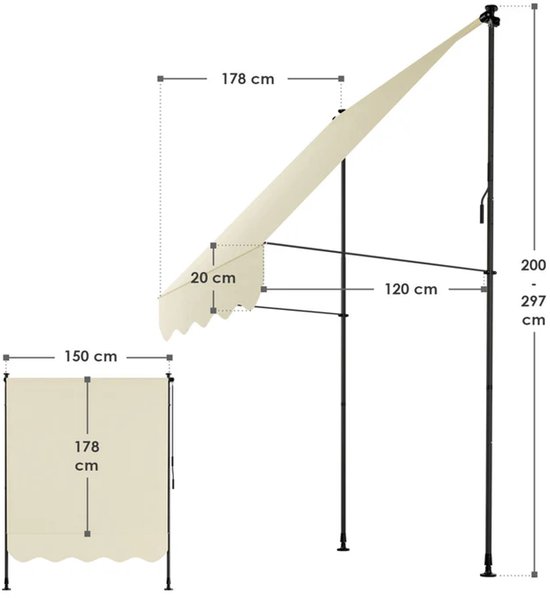 Afmetingen van crème luifel met gebogen zoom: 178 cm breed, 20 cm diep. Totale hoogte 297 cm.
