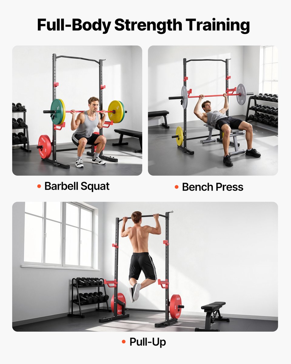VEVOR Power Cage Squat Rack, 454 KG Draagvermogen, Multifunctioneel Krachtrek voor Thuisgym met 4 Bandhouders, Verstelbare J-Haak en Veiligheidsstangen voor Pull-Ups met Halterstang. thumbnail 4