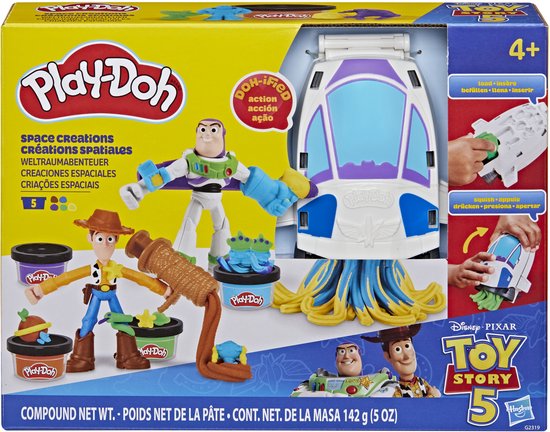 Play-Doh Toy Story set met Buzz Lightyear, Woody, klei en raket.