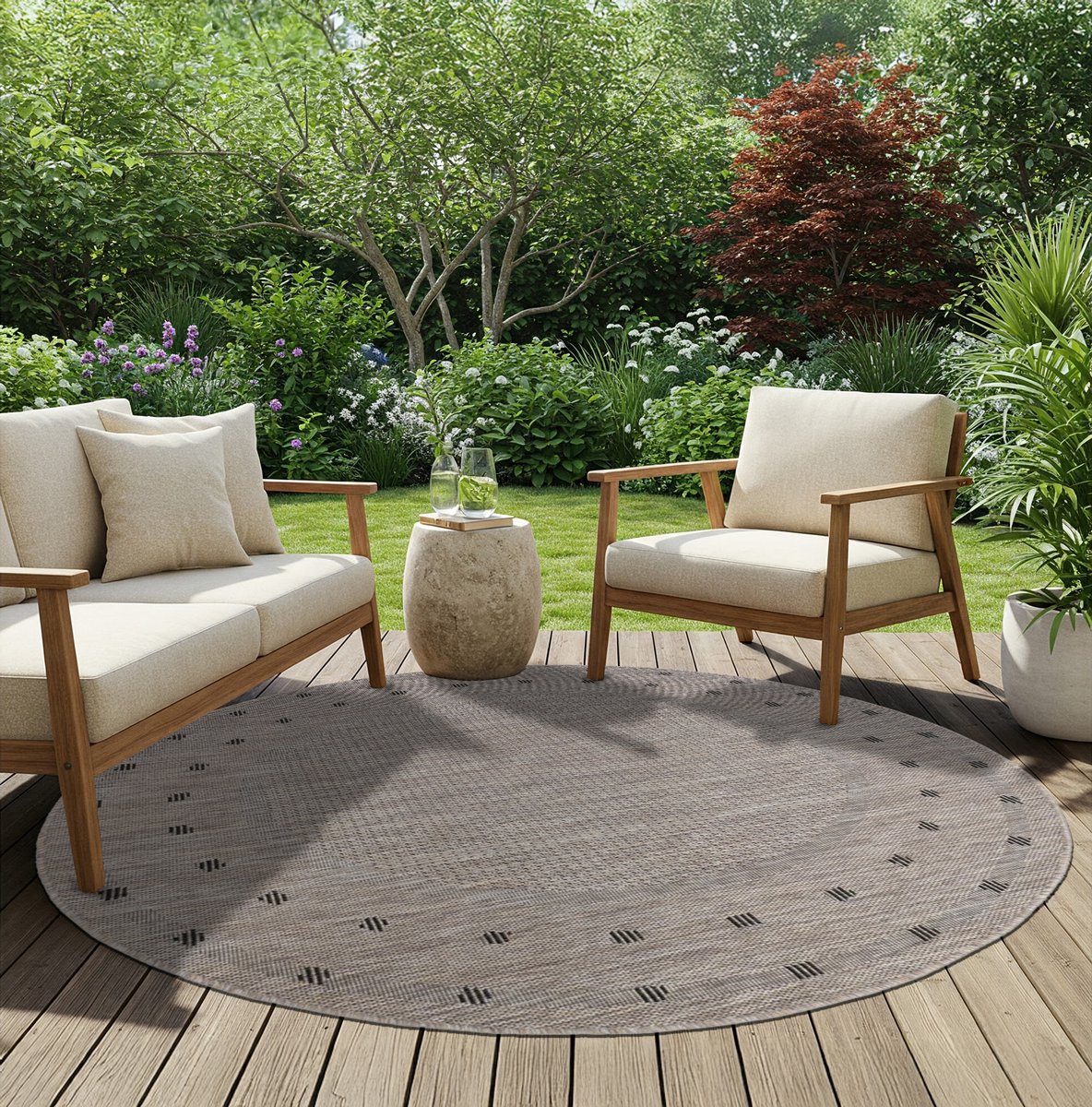 TAPISO Melissa Rond Vloerkleed Buiten & Binnen Sisal Look Modern Terras Balkon Keuken Tapijt Bruin Weersbestendig & OEKO-TEX 140x140