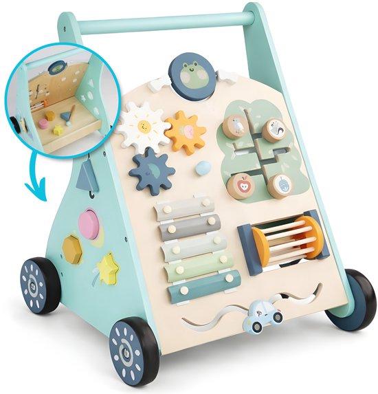 Laavir Activiteiten loopwagen - Houten Loopwagen voor Baby's - Activiteitenwagentje met Spelletjes en Klok - Mintblauw - FSC Gecertificeerd - 1 Jaar+