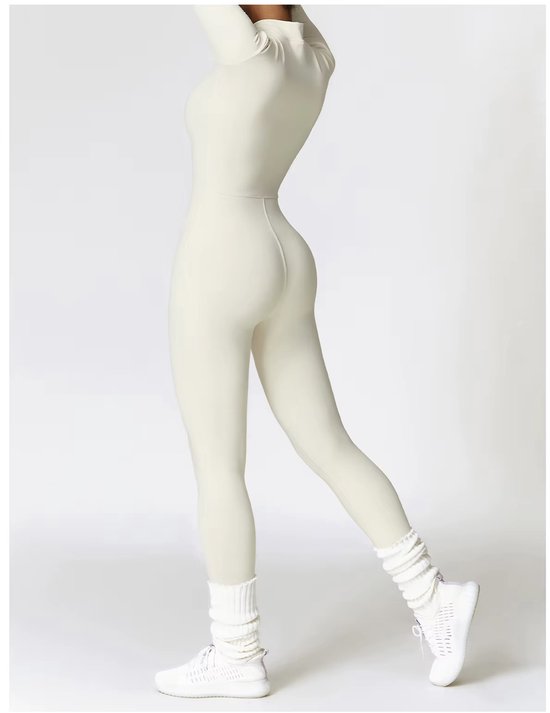 Volt Zip Long Jumpsuit – Maat M – Creme - Gevoerde Long Sleeve Dames Jumpsuit - Beige — afbeelding 3