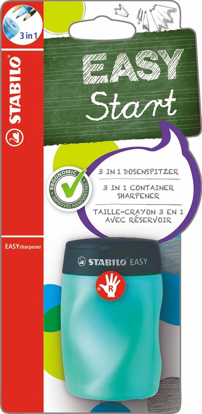 STABILO EASYsharpener - Ergonomische 3 in 1 Puntenslijper - Rechtshandig - Blauw - Geschikt Voor Alle Potloden