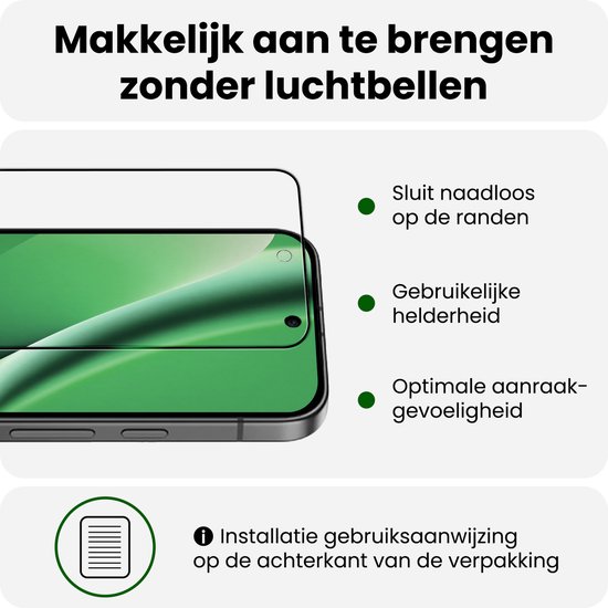 Glasplaatje op telefoon met groene achtergrond. Makkelijk aan te brengen, sluit naadloos op de randen, bruikbare helderheid, optimale aanraakgevoeligheid.