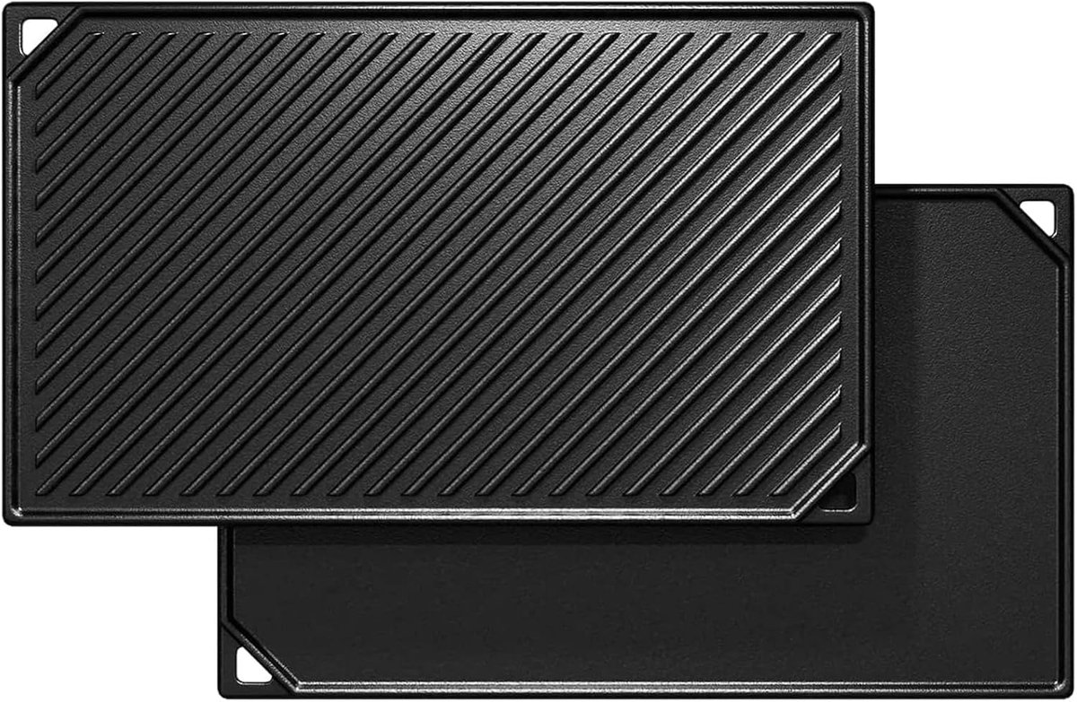 Gietijzeren koekenpan - 41,8 x 24 cm - voor ovens, kookplaten, grills en houtskoolgrills - 2-in-1 dubbelzijdige koekenpan - 1 stuk