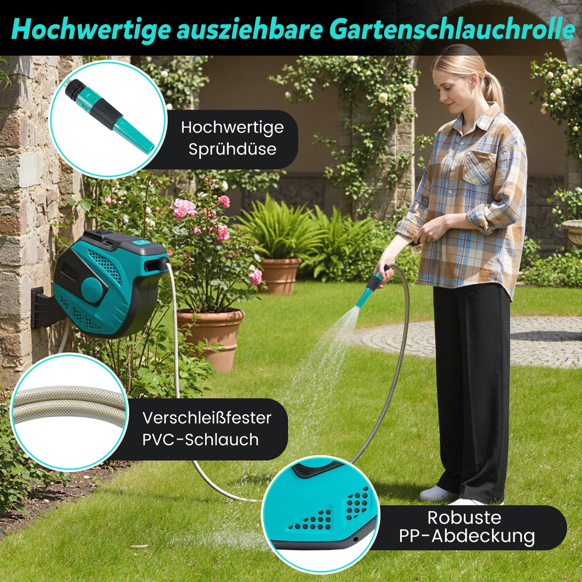 COSTWAY Tuinslangbox, 20 m + 2 m, 180 graden draaibaar, automatisch intrekbaar, persluchtslang, wandhouder, slanghaspel voor tuin, werkplaats en gazon, groen – foto 3