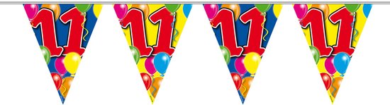 Vlaggenlijn met de tekst '11 jaar' en gekleurde ballonnen op een blauwe achtergrond.