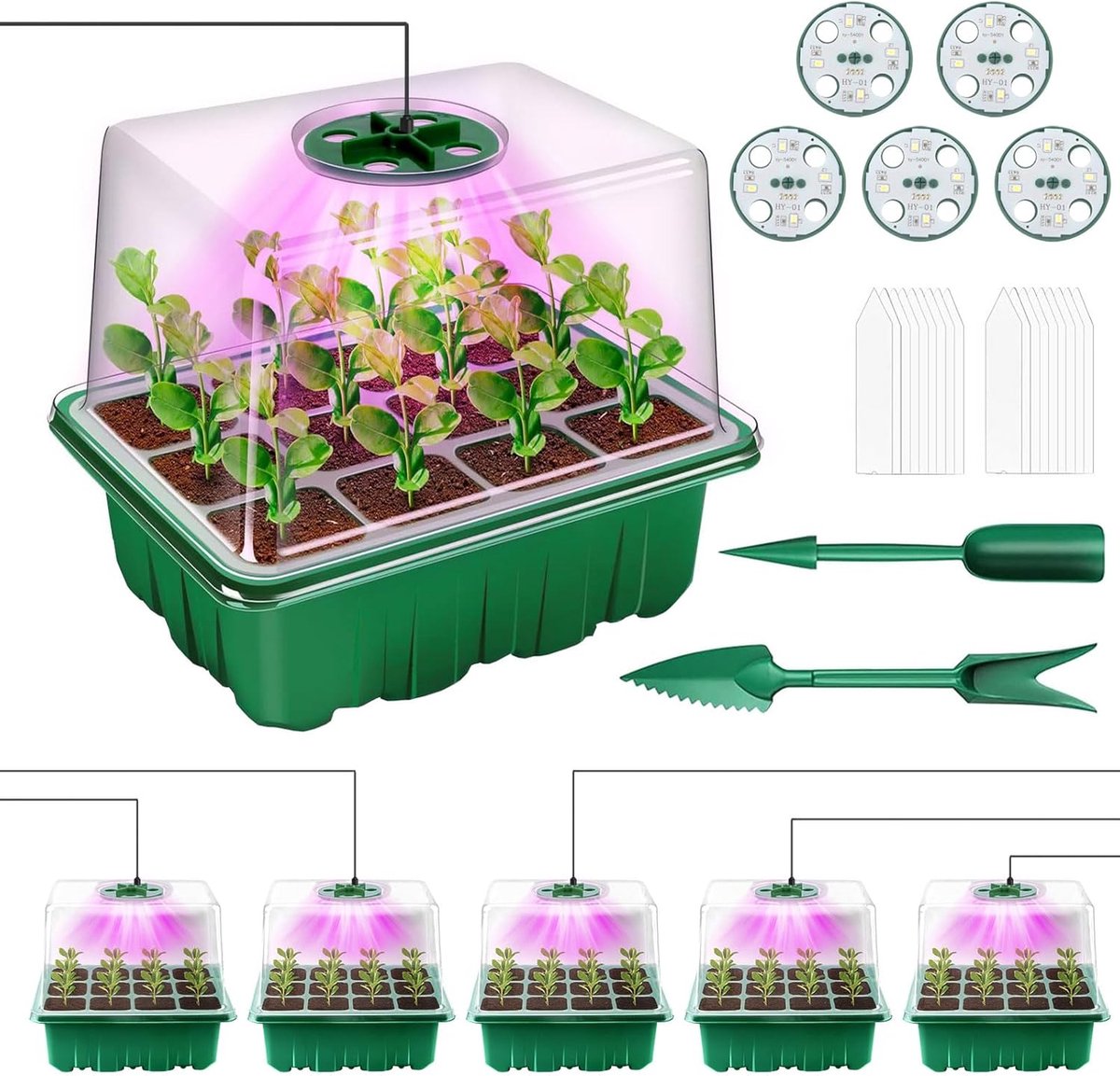 Famanu – Kamerbroeikas - kweekbak met plantenlamp - 5 stuks mini-broeikas - kweekset - broeikas kweekschaal met verhoogd deksel - voor plantengroei en zaadkieming
