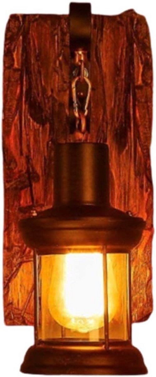 Vintage Houten Wandlamp met Glazen Kap voor E27 Fitting - Rustieke Industriële Verlichting