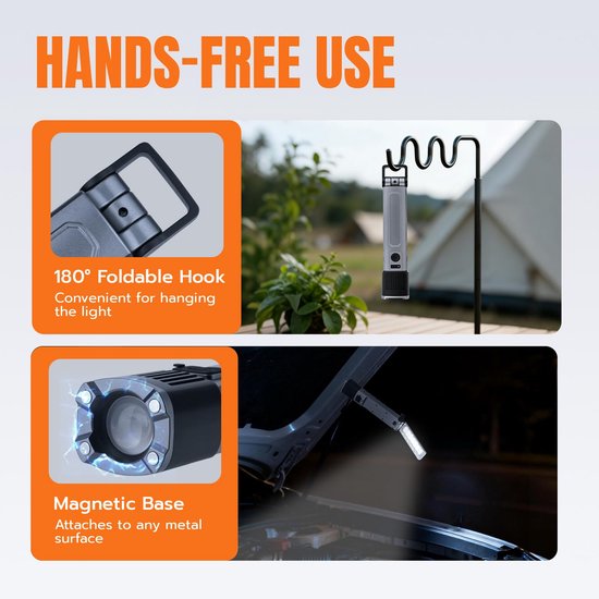 Magnetische LED-werklamp Met Ophanghaak – 180° Opvouwbaar, 7 Dimstanden, USB-oplaadbaar – Voor Gym, Camping, Werkplek En Handen Vrij