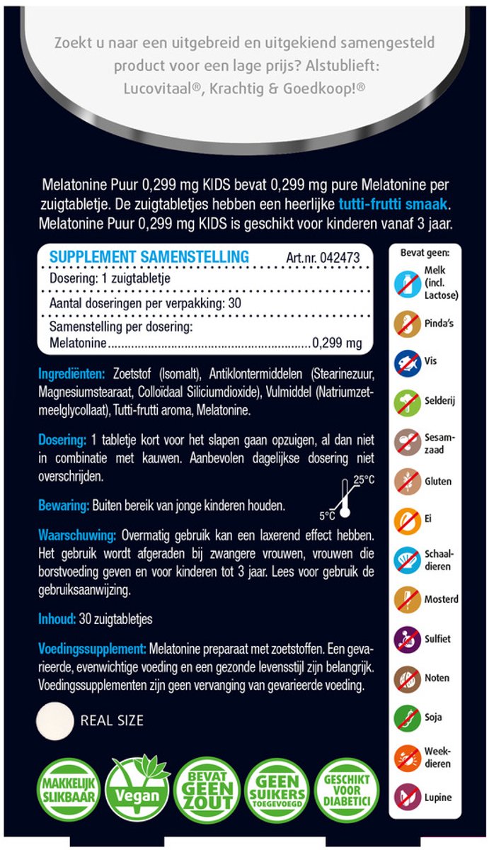Lucovitaal Melatonine Puur Kids 0,299 milligram Voedingssupplement - 30 tabletten — afbeelding 5
