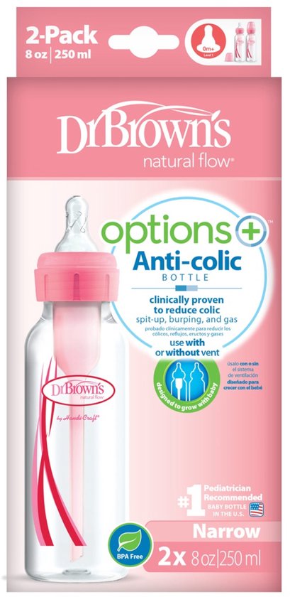 Dr. Brown's Options+ Anti-Colic Babyfles - Smalle halsfles - 250ml - Roze - 2 stuks