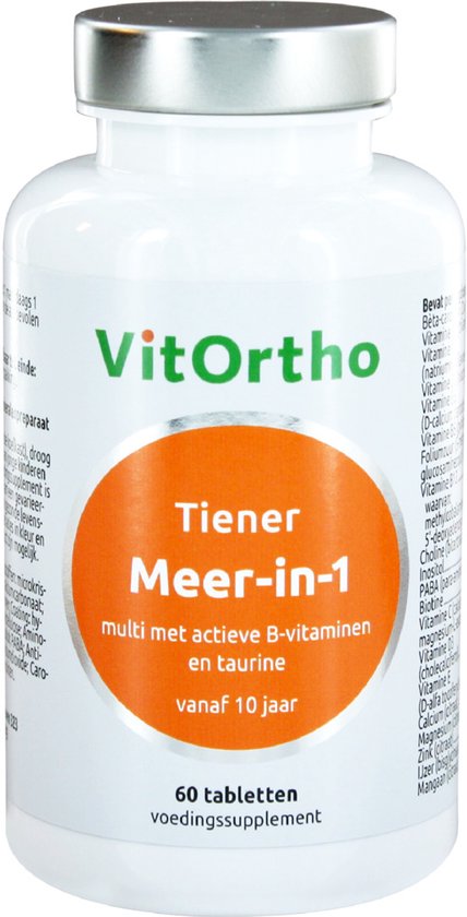 VitOrtho Tïener Meer-in-1, 60 voedingssupplement tabletten met B-vitaminen en taurine, vanaf 10 jaar.