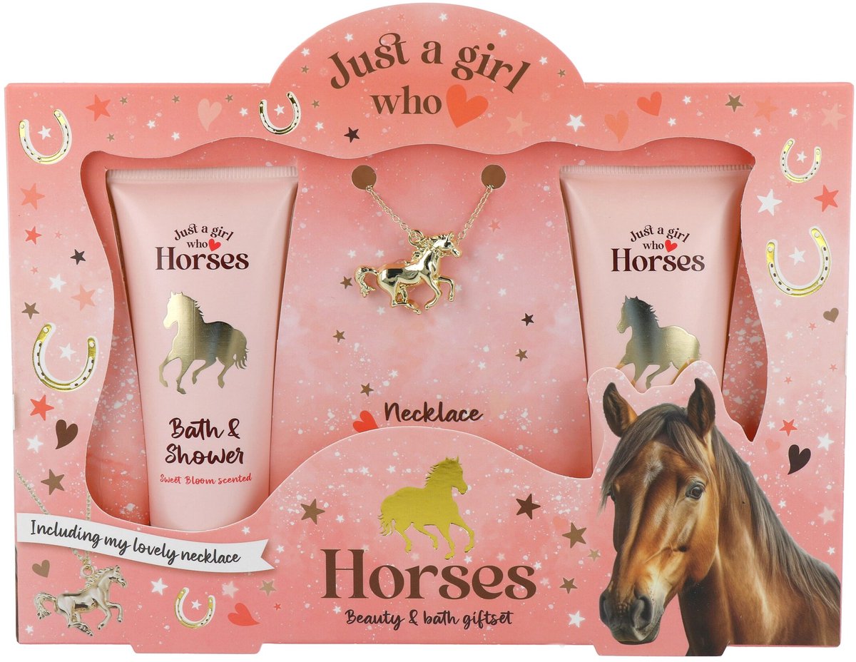 Loves Horses - Ketting - goudkleurig - Paardenhanger - Badgeschenkset - Douchegel - Bodylotion - Geschenk