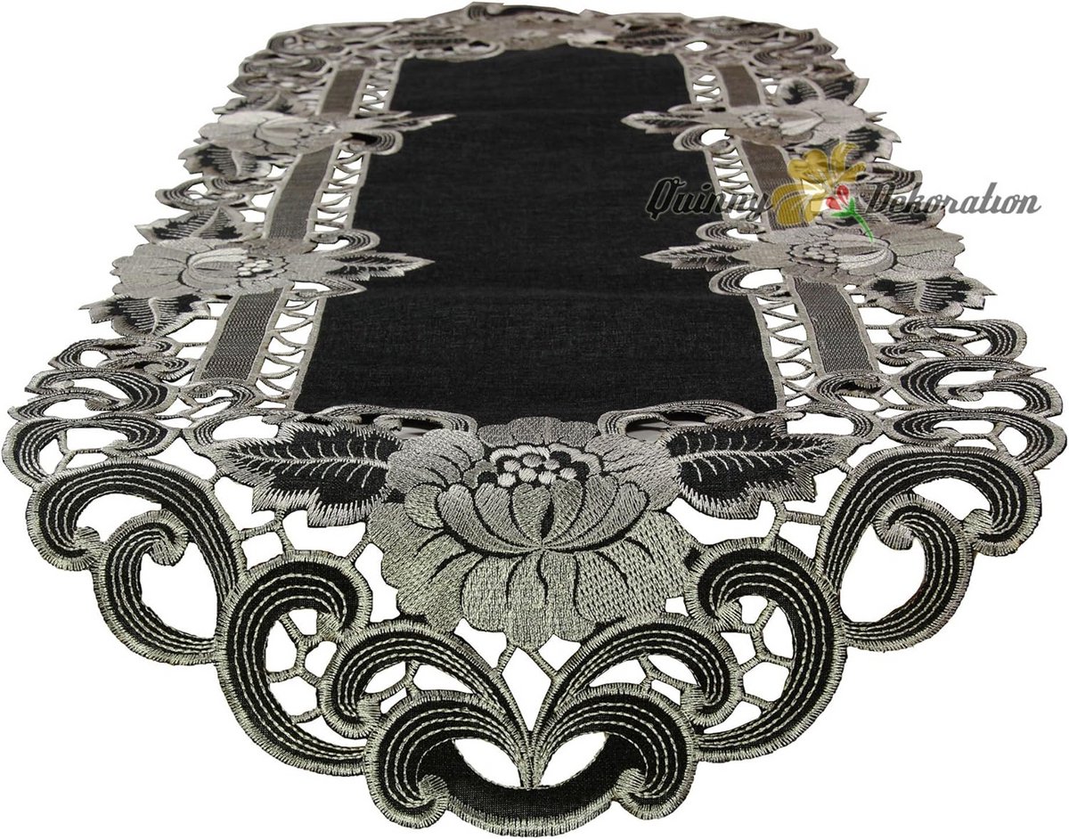 Grijze brede tafelband met bloemen borduurwerk (ca. 40x110 cm ovaal)
