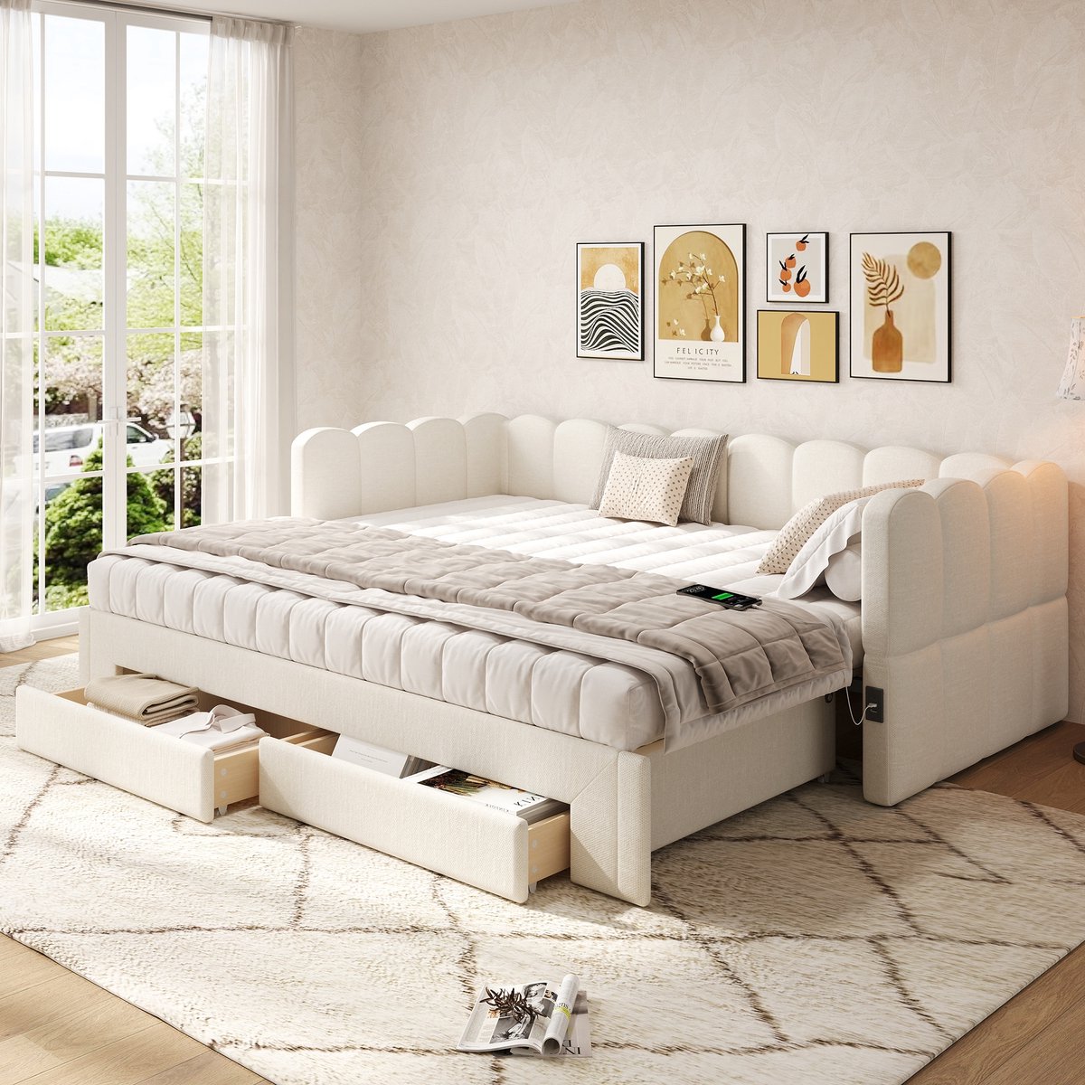 Sweiko Gestoffeerd bed - 90/180x200 cm - 2 lades - Slaapbank - Uitschuifbaar - Met USB-poorten - Linnen stof - Beige