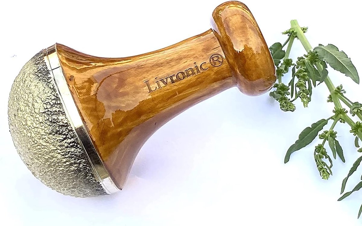 Voetmassage Bronzen Stimulator - Ayurvedisch Hulpmiddel - Ontgifting Lichaam - Handgesneden Houten Handvat - 115 x 7 x 7 cm