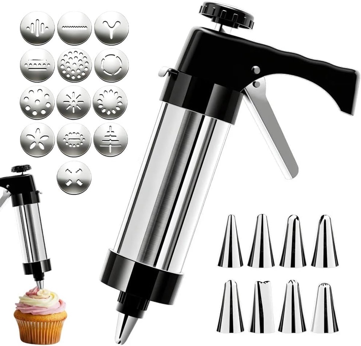 Koekjespers set - Bakbenodigdheden - Creatief bakken - 13 schijven 8 spuitmonden - Zwart