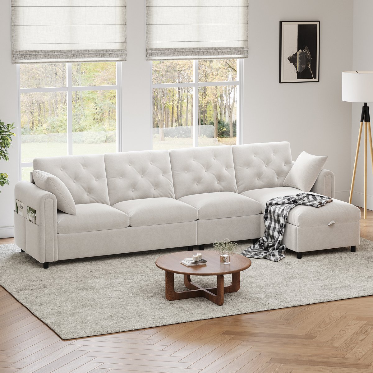 Wishdor L-Vormige Hoekbank - Slaapfunctie En Opbergruimte - Verstelbare Hoek - Modern - Fluweel - Beige - 281 X 132 X 86 Cm
