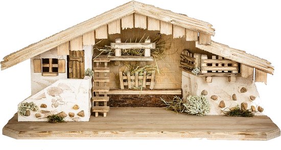 Kerststal Houten Kribbe - Religieuze Decoratie - Kerstmis Versiering - Handgemaakt Met Details - 70x30x33cm - Natuurlijk